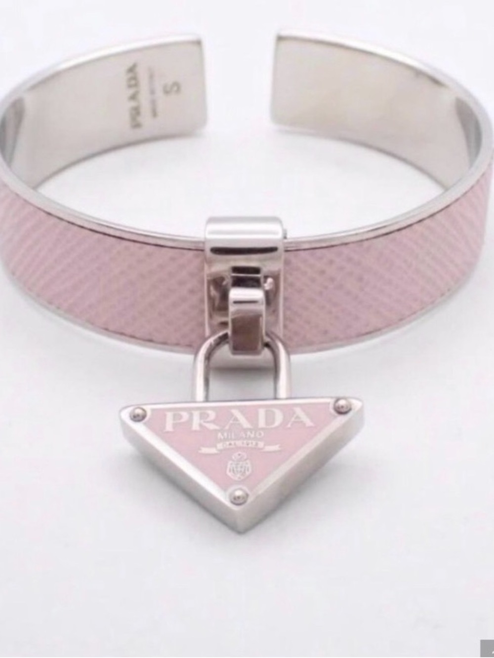 Prada Silver-Tone Cuff Bracelet with Pink Enamel Triangle Charm minimally used